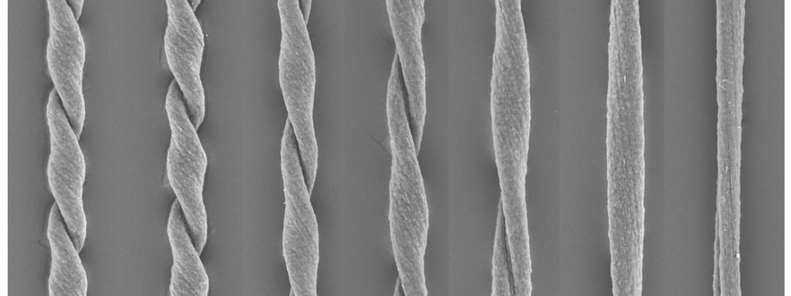 A microfiber (diameter: 40 micrometers) made from poly(vinyl alcohol) releases stored rotational energy as it untwists in a stepwise manner. (Source: University of Bordeaux).